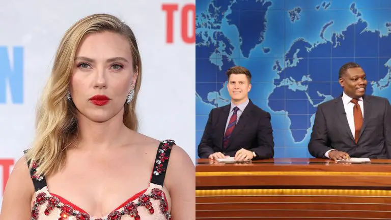 Scarlett Johansson est « terrifiée » par l’échange de blagues entre son mari Colin Jost et Michael Che dans « SNL »